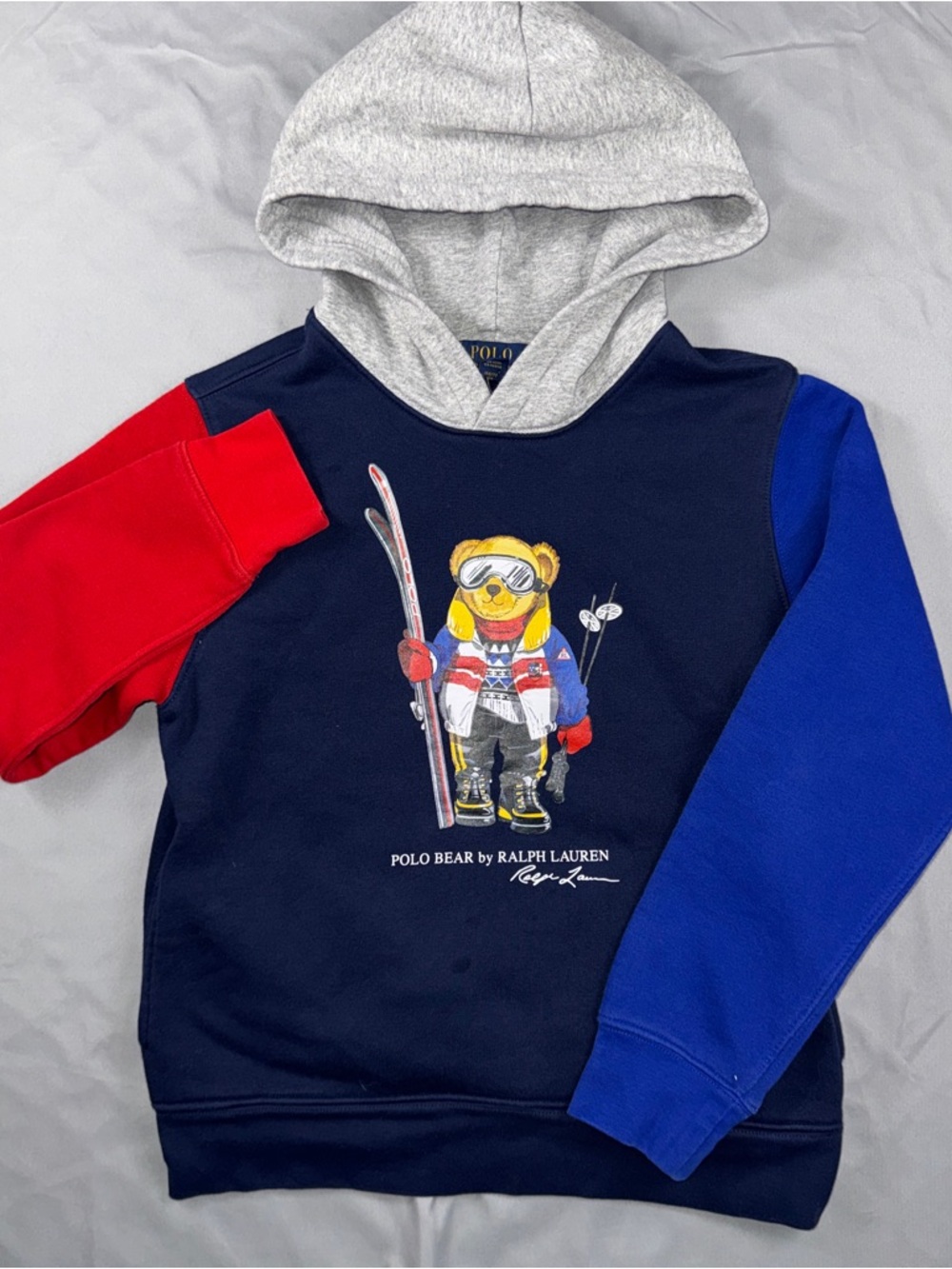 Polo Ralph Lauren Hoodie Kids 10-12 Navy Ski Polo Bear Colorblock Fleece Graphic